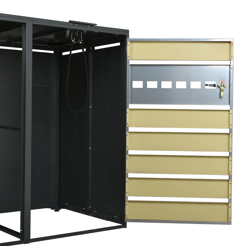 Mülltonnenbox mit hydraulischem Klappdeckel, mit 2 separaten Fächern und abschließbaren Türen, 132x80x118,5 cm, Grau+Naturfarbe