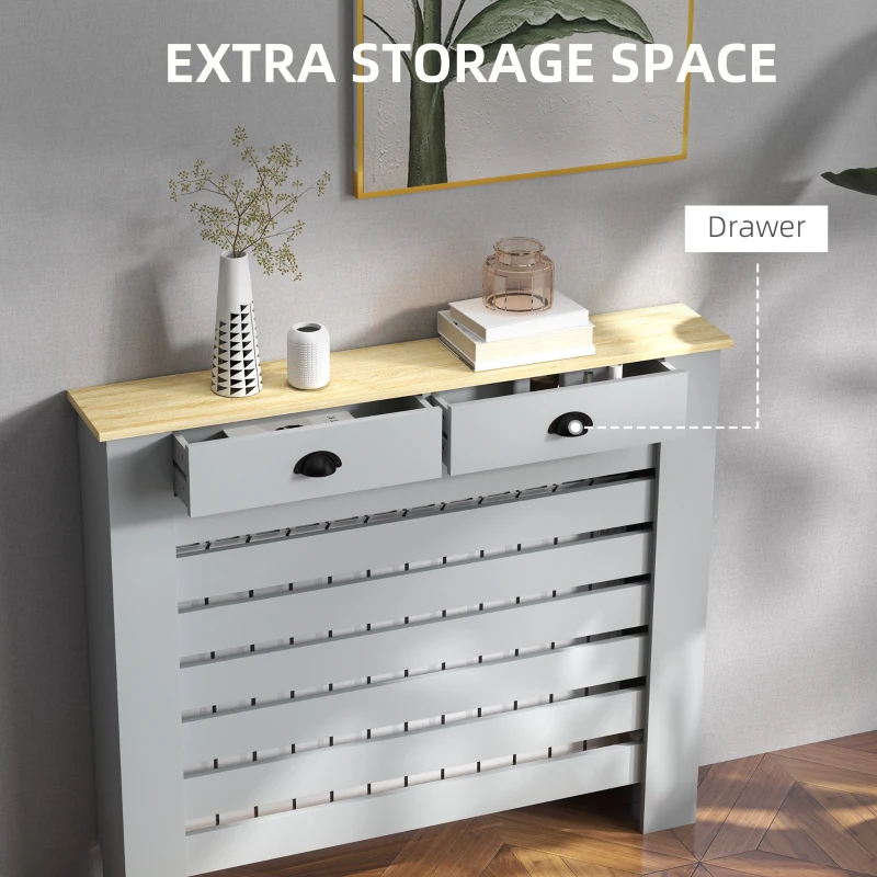 Acoperiș HOMCOM pentru Calorifer din MDF cu Grilaj și 2 Sertare, 111x19x95.5 cm, Gri