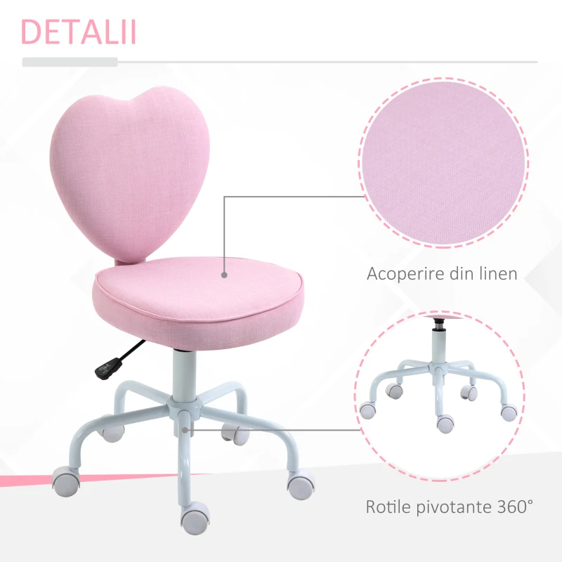 HOMCOM Scaun pentru Birou în Formă de Inimă cu 5 Roți și Înălțime Reglabilă din Material Textil Roz, 42x50x79-89cm(m-6)