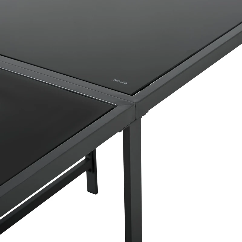 7-teiliges Garten-Essset für 6 Personen, Tisch aus gehärtetem Glas, 4 geflochtene Sessel und 2 Fußhocker, Schwarz+Weiß