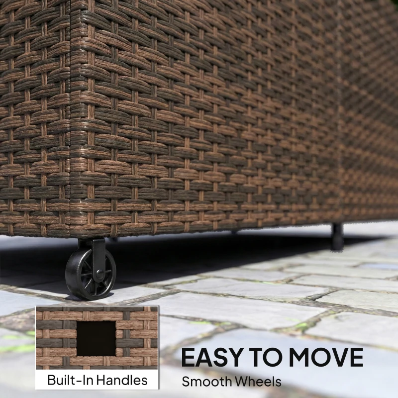 Outsunny 650L Garden Storage Box with 2 Wheels, Rattan Deck Box with Waterproof Zipped Liner, Safe Pneumatic Rods, Mixed Brown