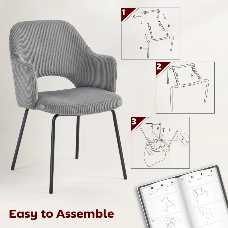 HOMCOM Krzesło do jadalni, pokrycie z sztruksu, kształt muszli, metalowe nogi, podkładki pod nogi, Szare