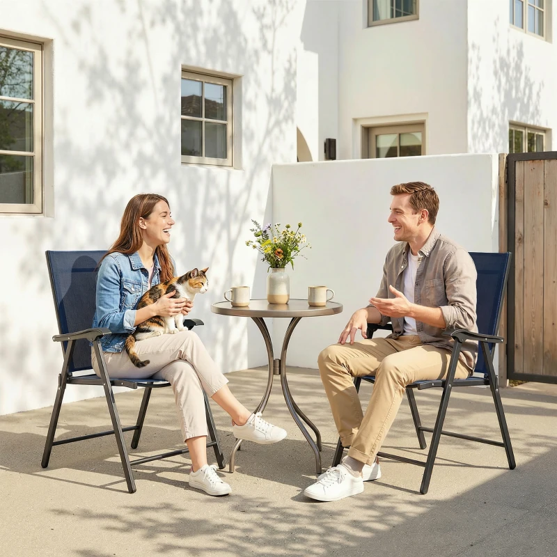 Outsunny Folding Garden Chairs Set of 2, Foldable Garden Dining Chairs with High Back, Armrests, Texteline Seat, Navy Blue