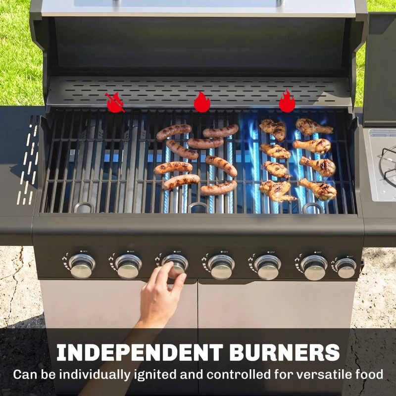 Outsunny 6+1 Burner Gas BBQ Grill, Outdoor Barbecue Trolley with Wheels, Warming Rack, Thermometer, Bottle Opener, Silver Tone