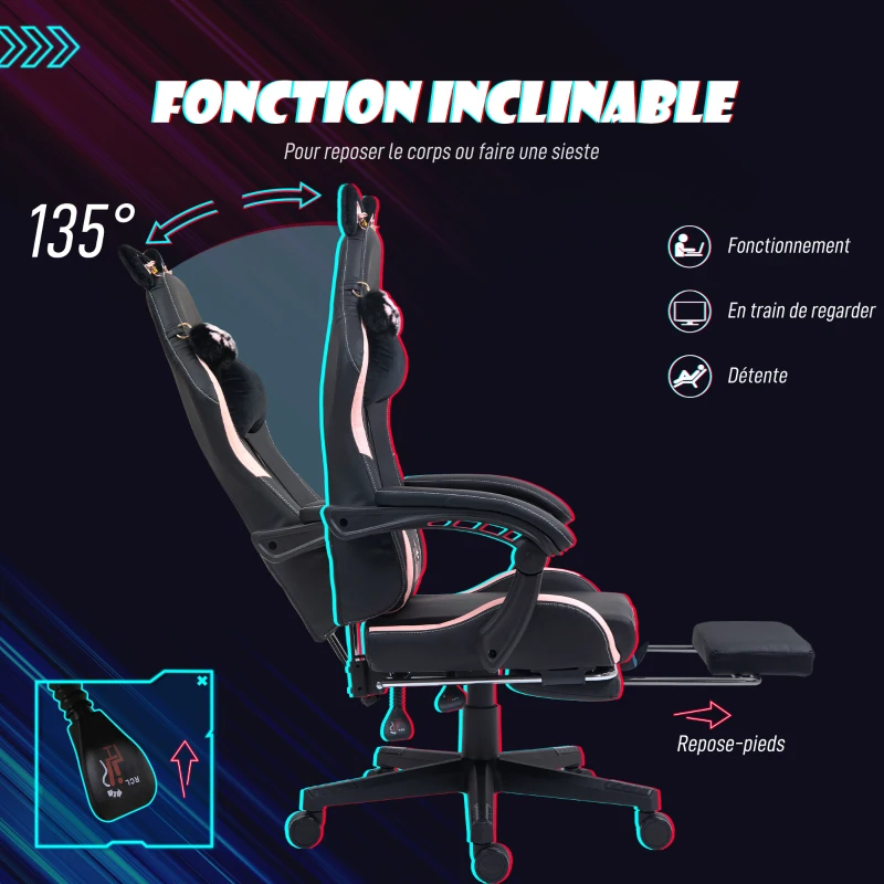 HOMCOM Chaise gaming ergonomique avec Oreilles de Chat, fauteuil gamer avec dossier inclinable, 65 x 62 x 124 cm, noir