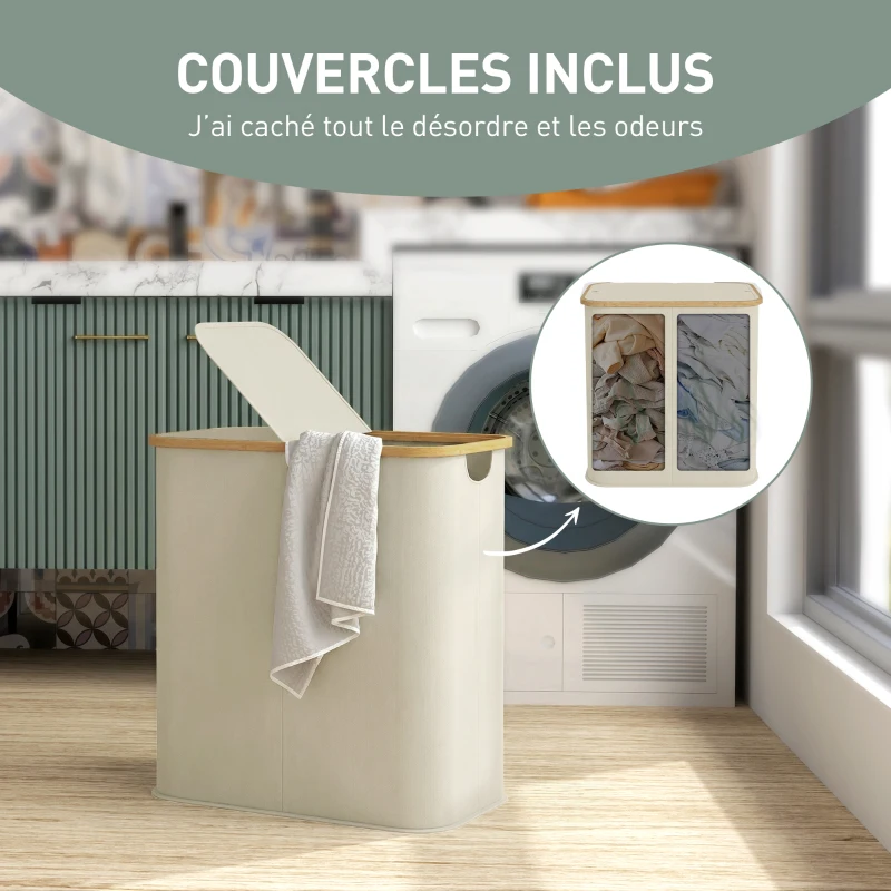 HOMCOM Panier à linge double pliable 80 L corbeille à linge sale avec couvercle, poignées rainurées, beige