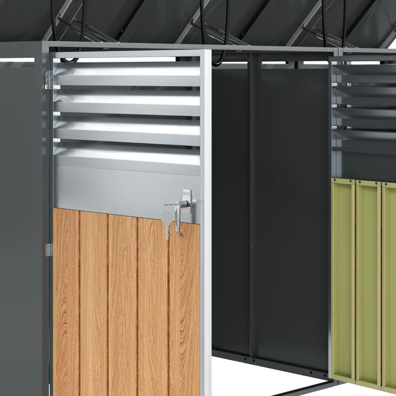 Mülltonnenbox mit hydraulischem Klappdeckel, 4-türiges Aufbewahrungsmodul, Lüftungslamellen, 264x80x118,5 cm, Grau+Naturfarbe