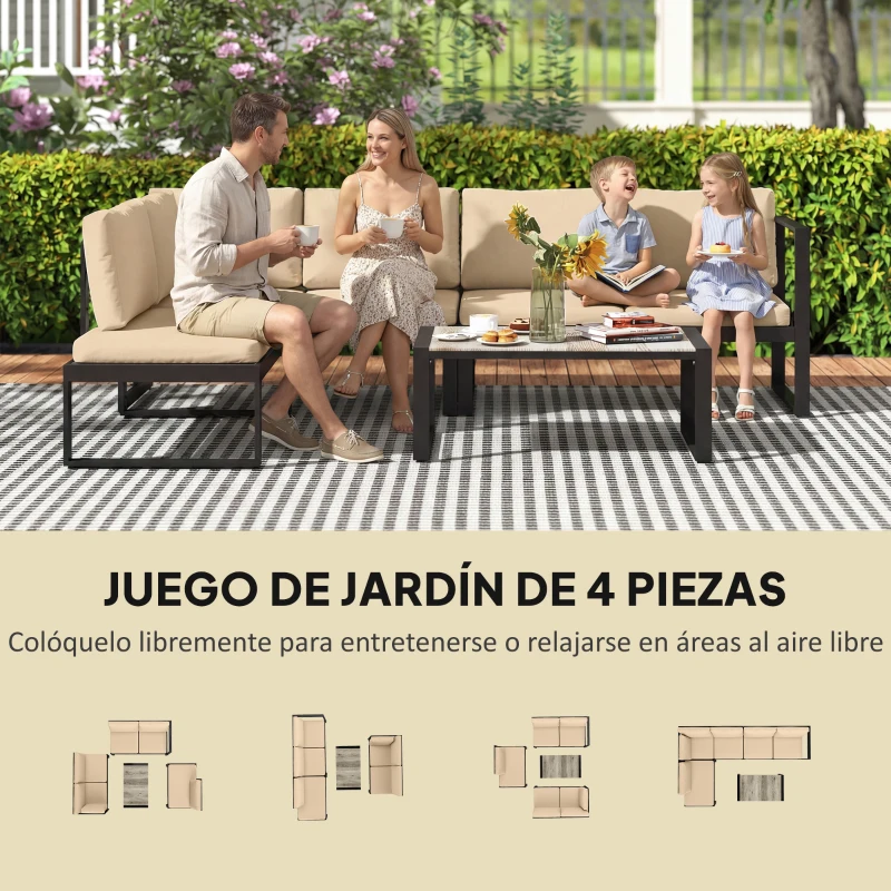 Outsunny Conjunto de Jardín Exterior de 4 Piezas con 2 Sofás de 2 Plazas 1 Sillón sin Brazos y Mesa de Centro con Cojines Caqui