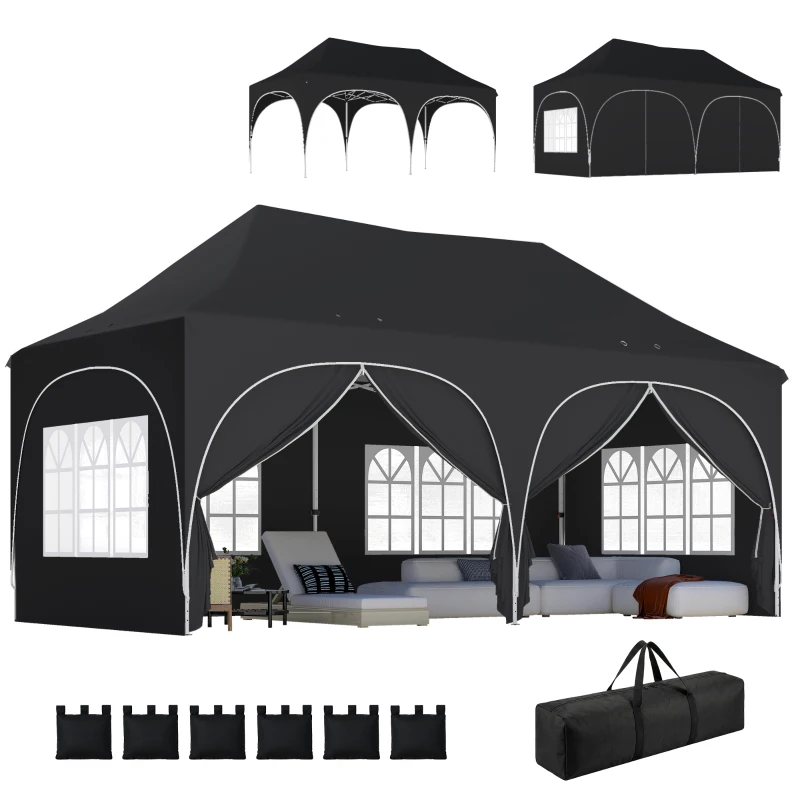 Outsunny 3 x 6m Pop Up Gazebo Shelter with Sides, 6 Sandbags, Peak Top Garden Party Tent Marquee with Carry Bag, Black
