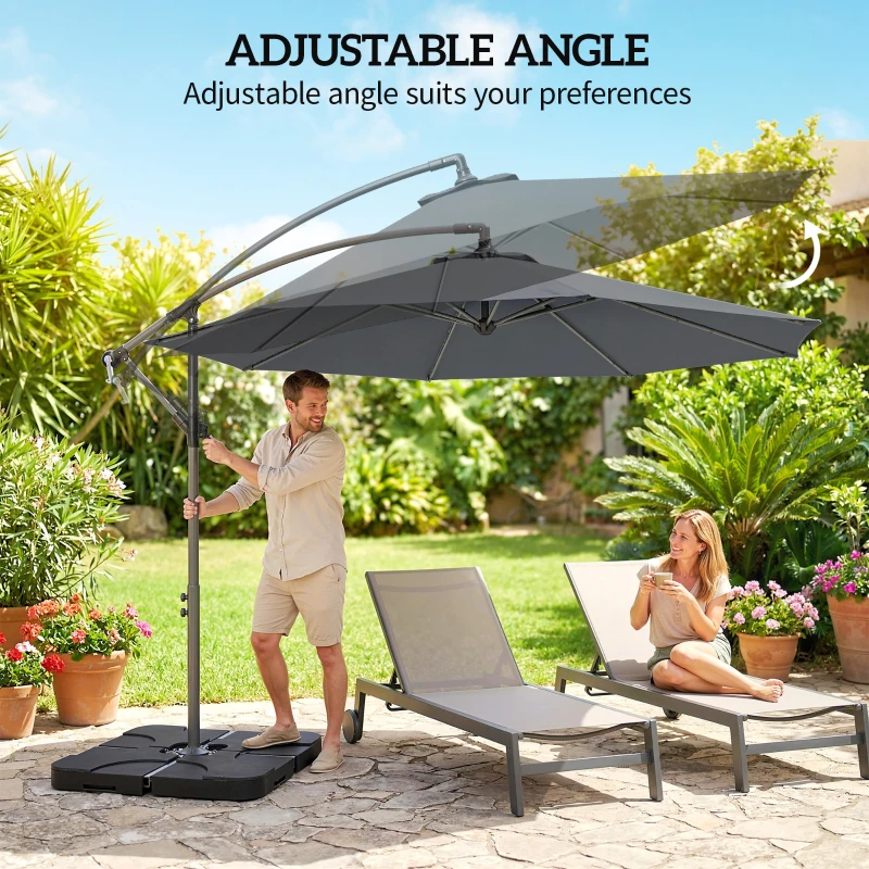 Outsunny 3m Overhanging Parasol, with Base, Weights and Cover - Dark Grey