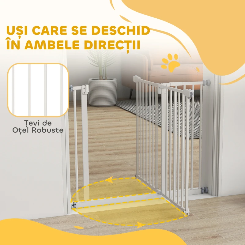 PawHut Poartă Extensibilă pentru Câini cu Montare prin Presiune și Închidere Automată, Înălțime 76,2 cm, Albă