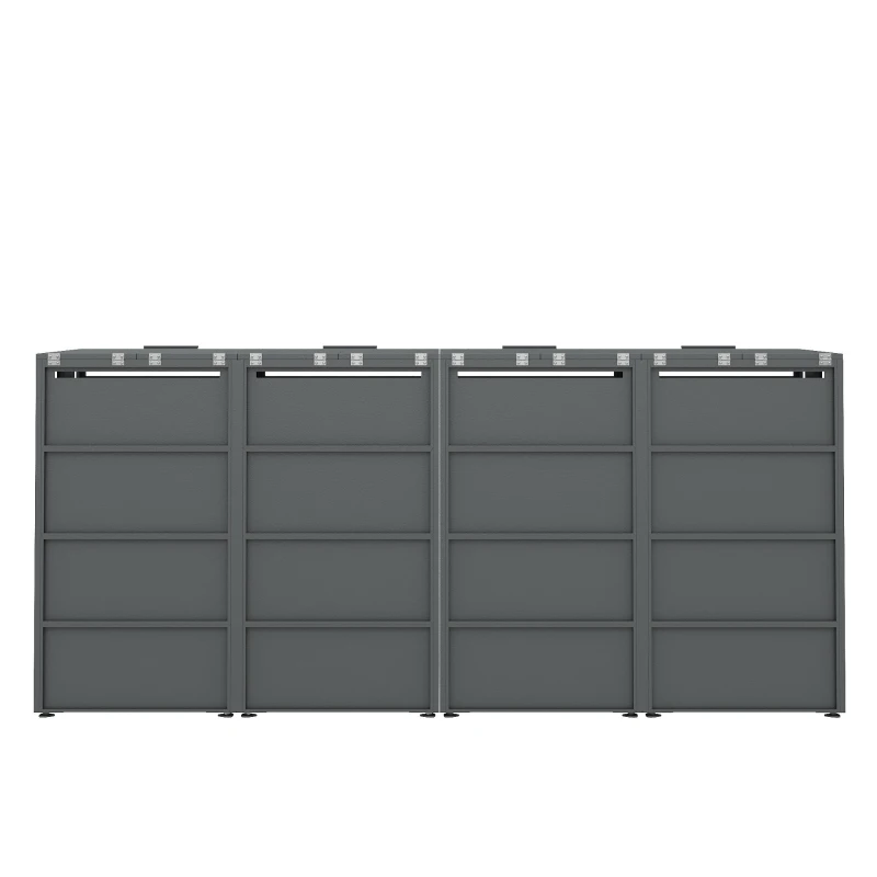 Mülltonnenbox mit hydraulischem Klappdeckel, 4 Fächer, abschließbare Türen, 264x80x118.5 cm, Grau+Naturfarbe