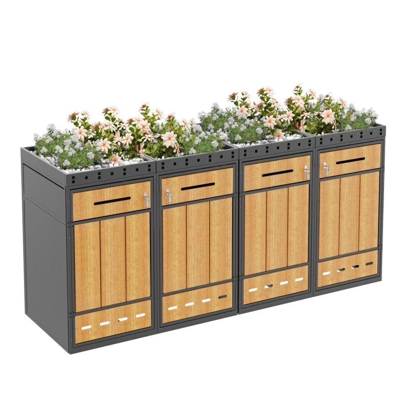 Mülltonnenbox mit Pflanztrog, für 4 Mülltonnen, Frontzugang mit Schloss und Griff, 264x80x124 cm, Grau+Naturfarbe