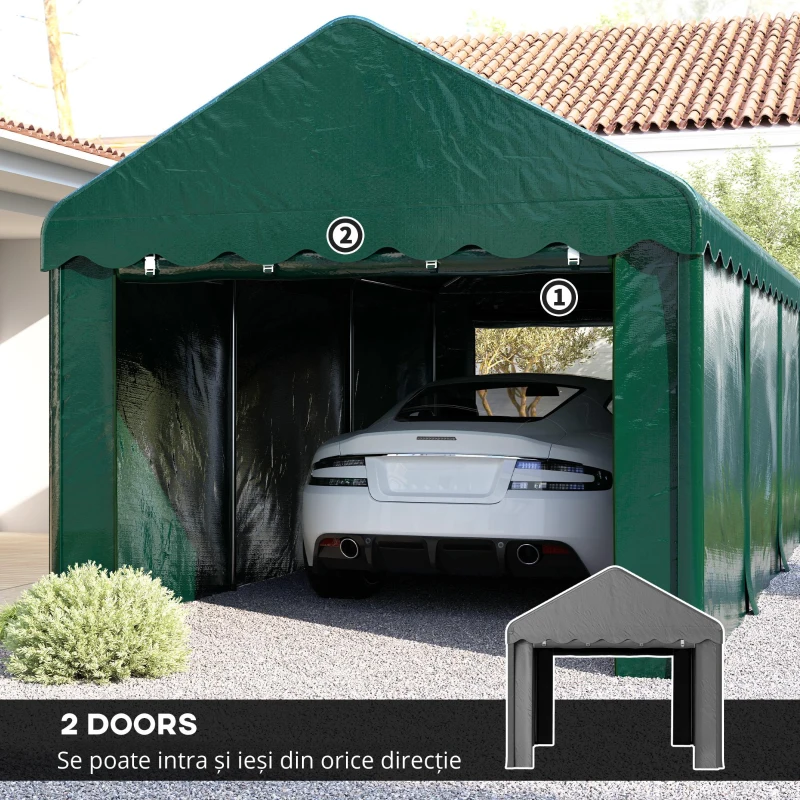 Outsunny Carport tente garage 3 x 6m Acoperiș mașină robust cu 2 uși înfășurate, țesătură 200g PE, verde