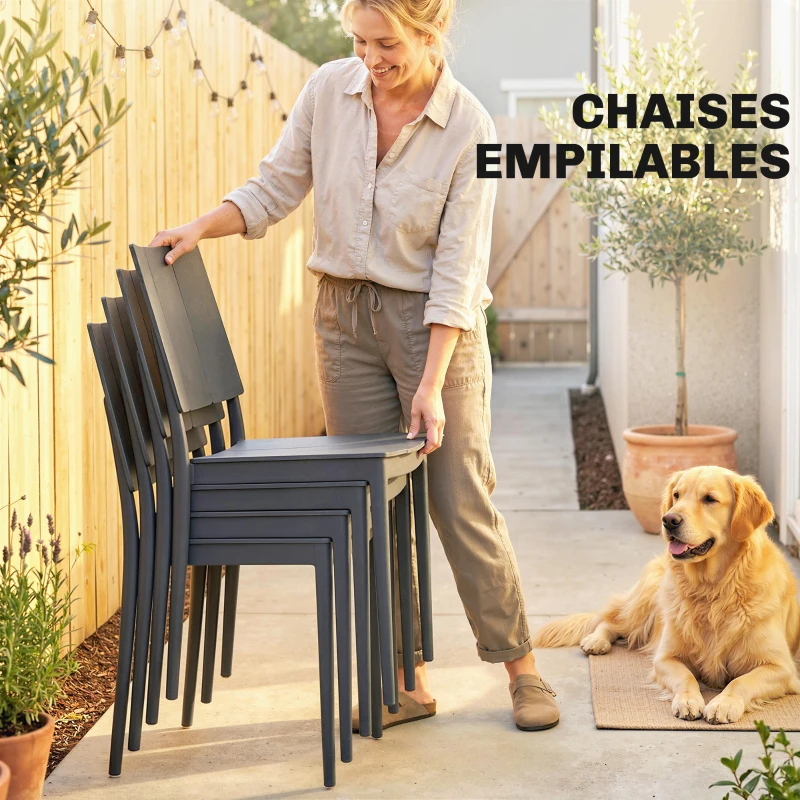 Outsunny Salon de Jardin 4 Personnes avec Chaises Empilables Plateau à Lattes PP Gris Anthracite