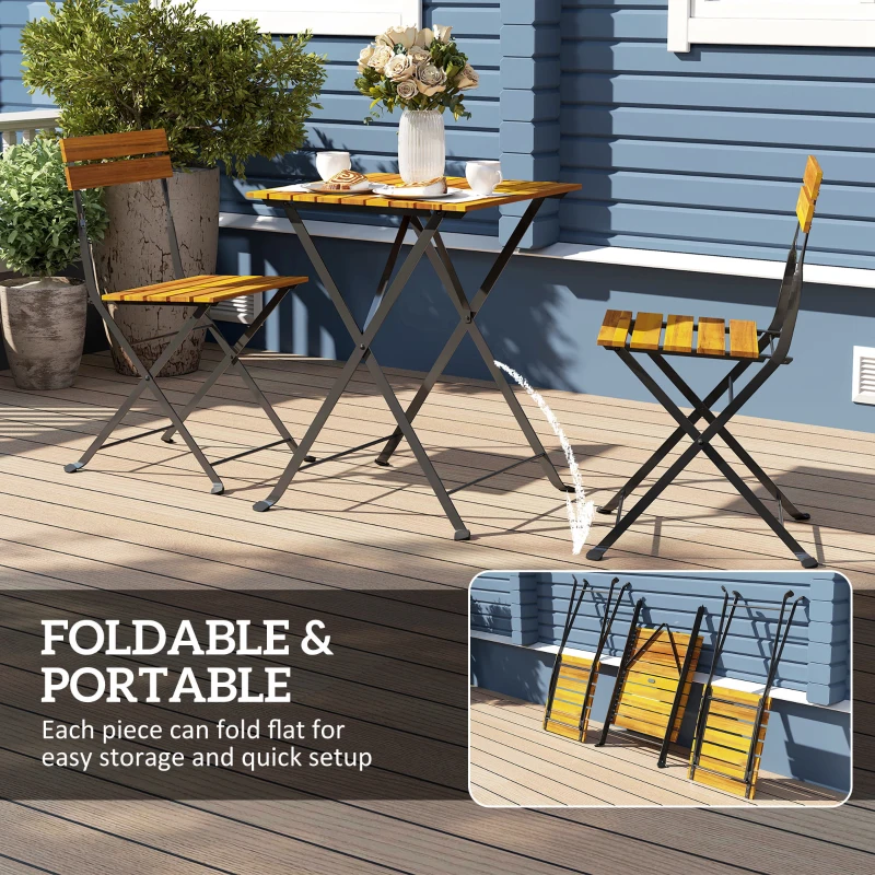 Outsunny 3-delige zitgroep voor 2 personen met opvouwbare tafel en 2 stoelen, geschikt voor balkon of terras, teak