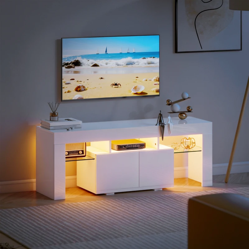 HOMCOM Dulap TV, mobilier TV cu iluminare LED RGB, finisaj ultra-lucios, rafturi din sticlă securizată, 120x34x45cm, alb