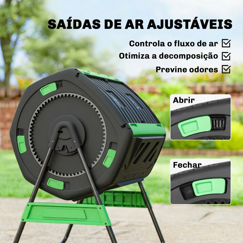 Outsunny Compostador Giratório 200L com Sistema de Ventilação e Base Metálica para Compostagem de Resíduos Orgânicos Verde