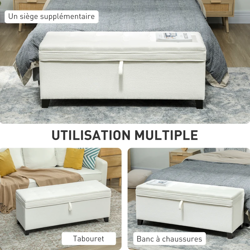 HOMCOM Bancă de depozitare 112L, banchetă pentru capătul patului din țesătură tip in, șezut capitonat, 120 x 40 x 48 cm, crem
