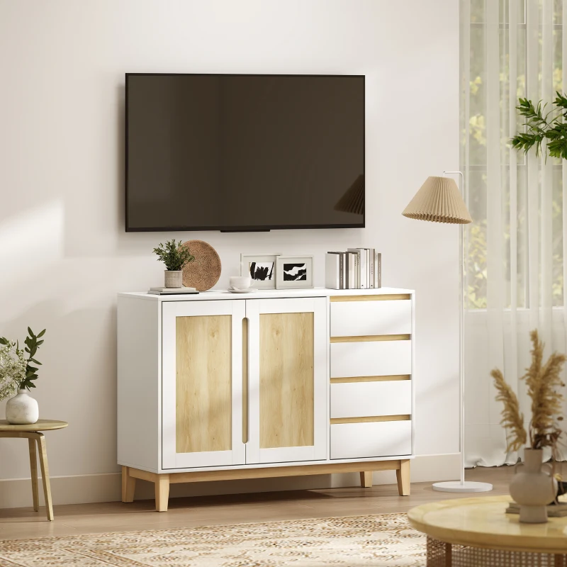 HOMCOM Bufet, mobilier de depozitare cu 2 uși și 4 sertare, raft reglabil, 120 x 40 x 86 cm, alb și stejar