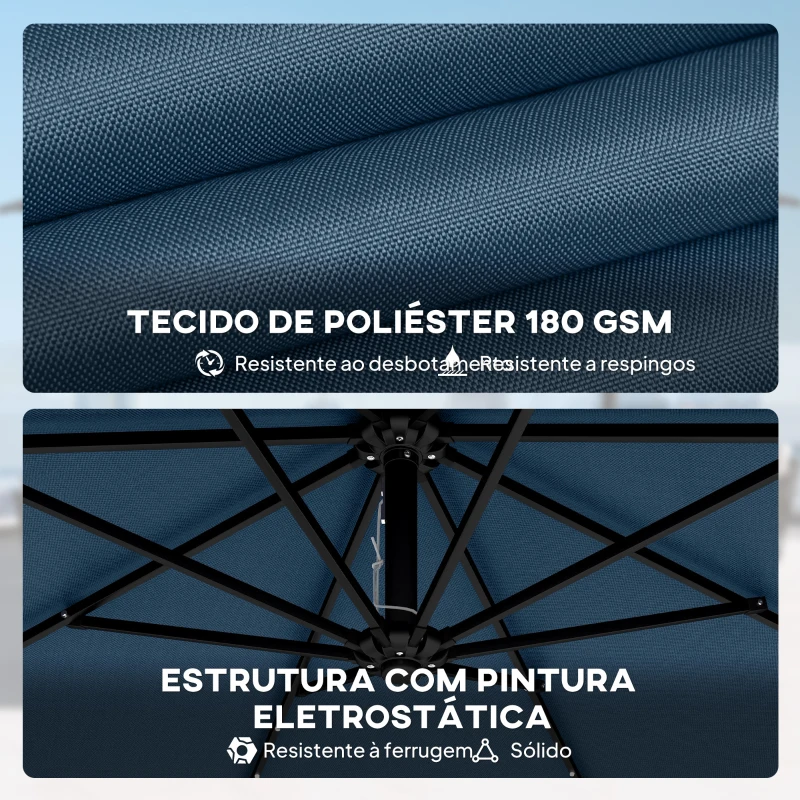 Outsunny Chapéu de Sol Excêntrico com Luzes LED Solares Ø345 cm Base Cruzada Manivela Capa Protetora Azul