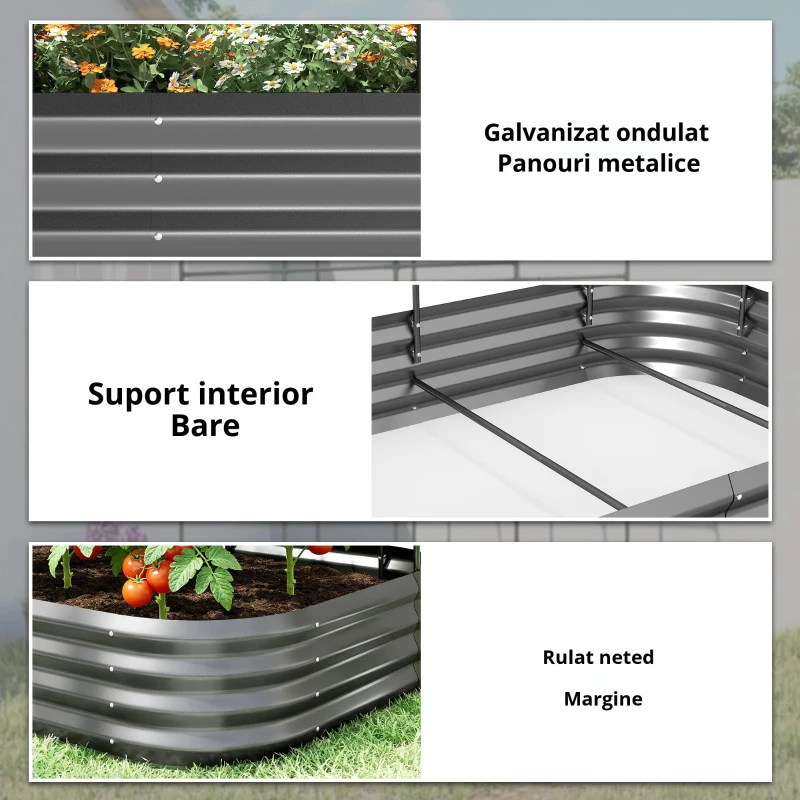 Outsunny Pat de Grădină Înălțat din Metal cu Grilaj, Suport pentru Plante Cățărătoare, Flori și Legume, 220x110x150 cm, Gri Închis