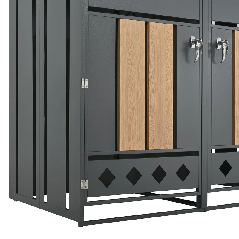 Mülltonnenbox mit hydraulischem Klappdeckel, abschließbaren Türen und zwei Fächern, 132x80x118,5 cm, Grau+Naturfarbe