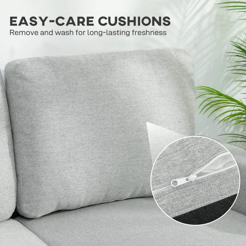 HOMCOM Canapea extensibilă cu 3 locuri, șezlong și spațiu de depozitare, material textil cu efect de in, 197x129x85 cm, gri și negru