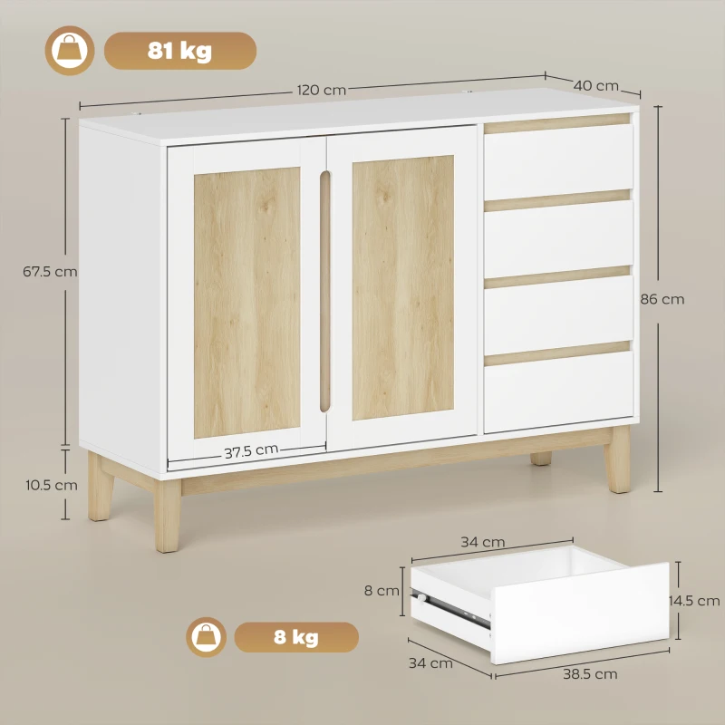 HOMCOM Bufet, mobilier de depozitare cu 2 uși și 4 sertare, raft reglabil, 120 x 40 x 86 cm, alb și stejar