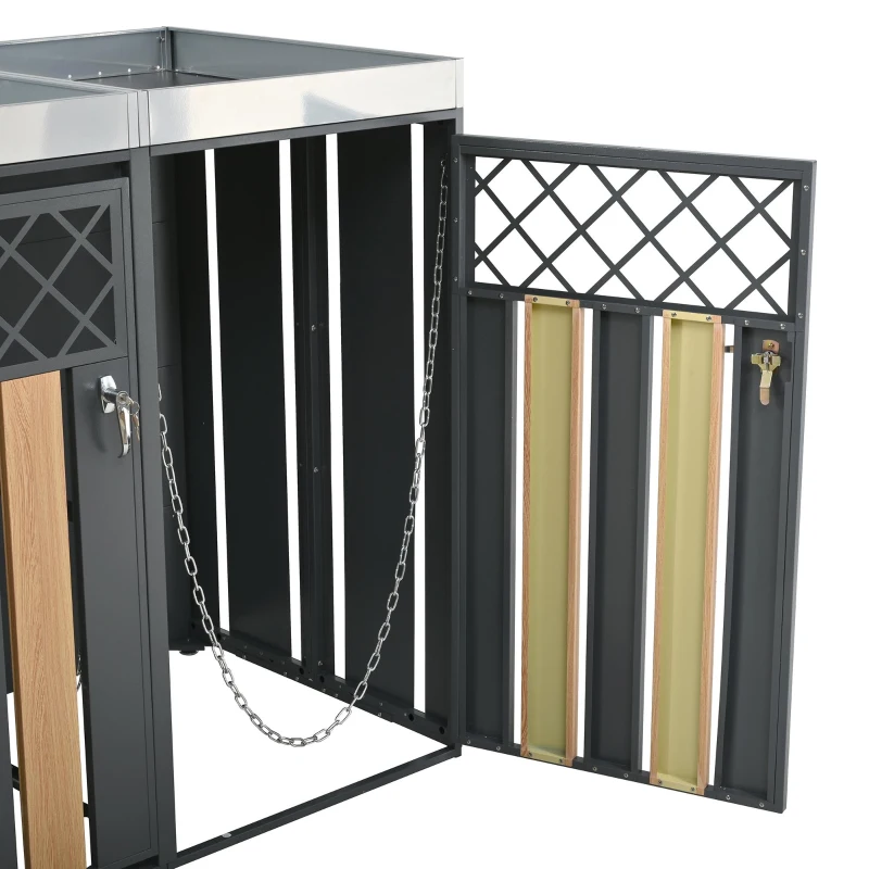 Mülltonnenschrank mit Blumentrog, 2-tlg. abschließbare Mülltonnenbox, 132x80x124,5 cm, Grau+Naturfarbe