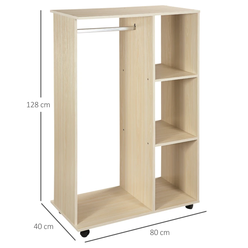 HOMCOM Open Wardrobe on Wheels, Bedroom Wardrobe with Clothes Hanging Rail, 3 Storage Shelves, Mobile Garment Rack for Cloakroom, Hallway, Maple Wood-Effect