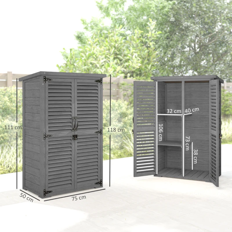 Outsunny Armario de Jardín Remise Para Herramientas en Madera 2 Estantes Techo Bituminoso Puertas Persianas Cerrable 75 x 50 x 118cm Gris