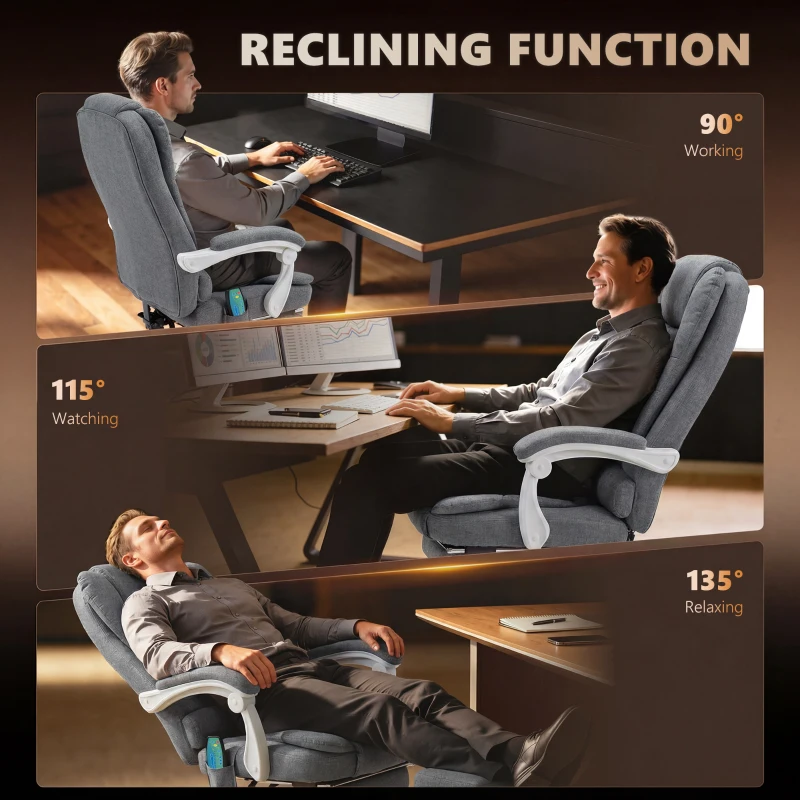 Vinsetto Heated 6 Points Vibration Massage Executive Office Chair Adjustable Swivel Ergonomic High Back Desk Chair Recliner with Footrest Grey(m-7)