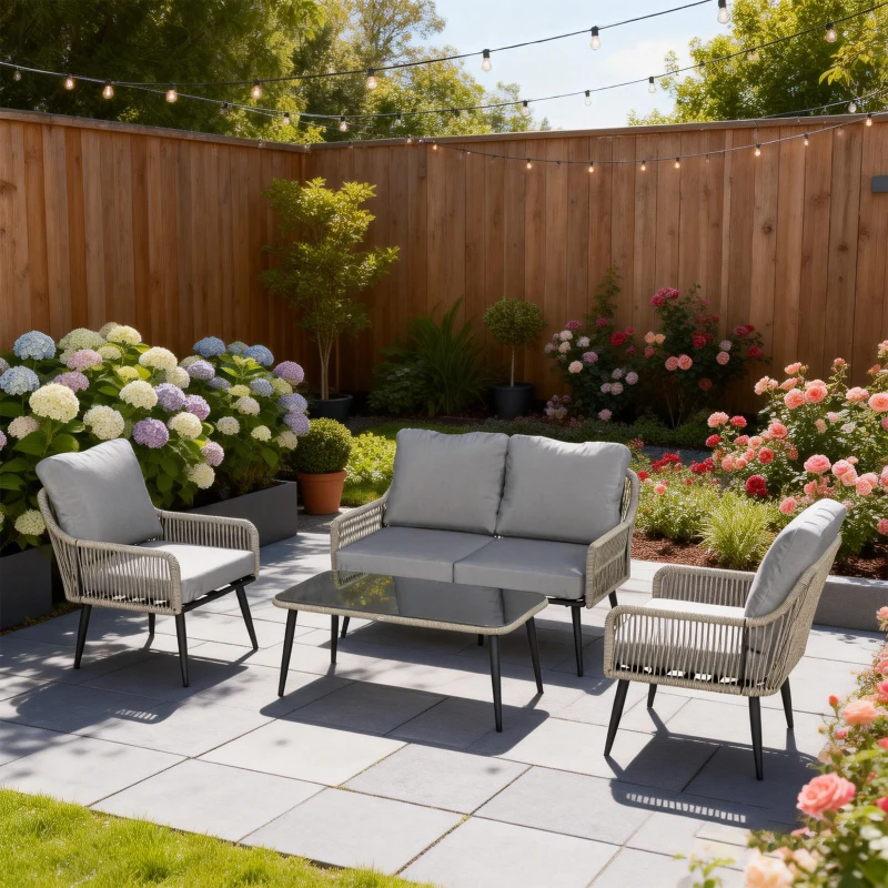 Outsunny Rattan Garden Furniture Set, 4 Piece Outdoor Patio Furniture with Tempered Glass Table and Chairs, Indoor Balcony Conservatory Set