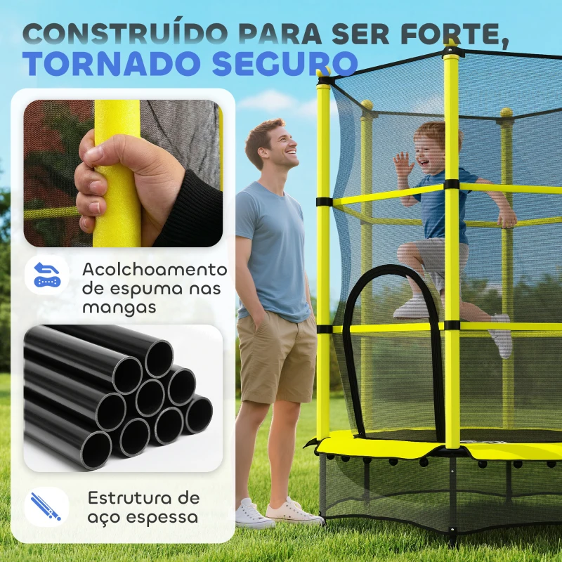 HOMCOM Cama Elástica Infantil Ø140 cm para Crianças dos 3-10 Anos com Rede de Segurança, Suporta até 50 kg, para Interior e Exterior, Amarelo