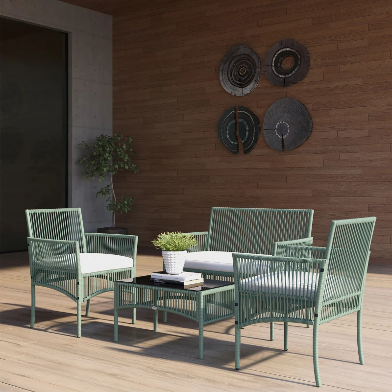 Outsunny Ensemble salon de jardin 4 pièces canapé 2 places 2 fauteuils 1 table basse plateau verre trempé