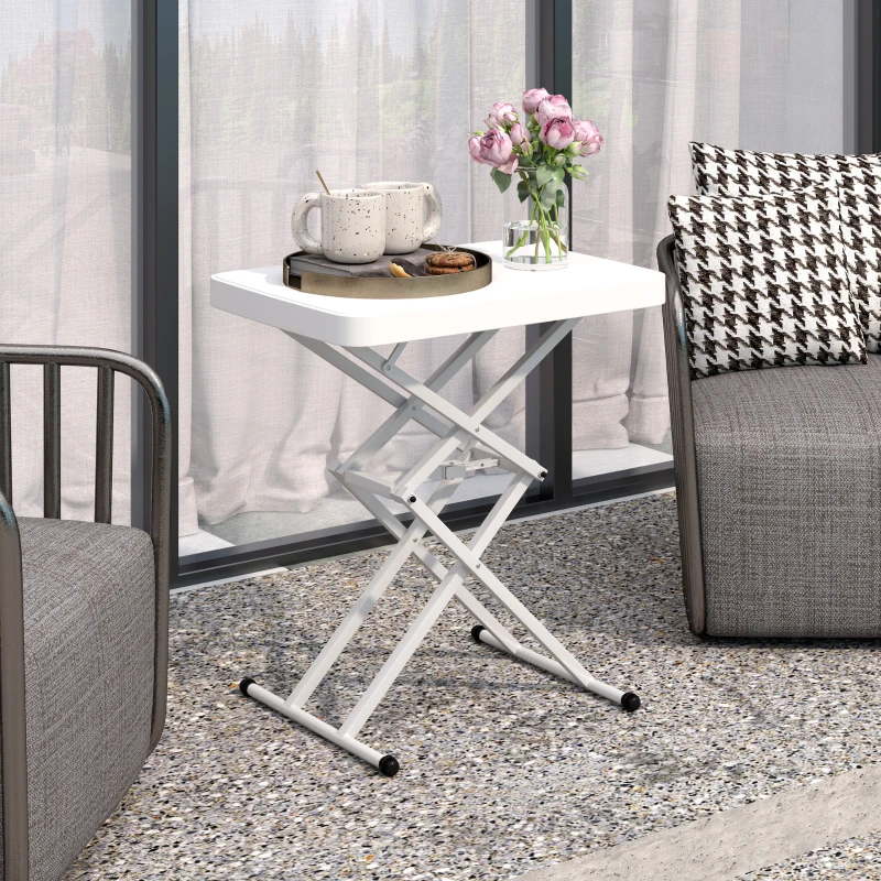 Outsunny Mesa auxiliar de jardín plegable en HDPE, mesa plegable exterior altura regulable en 5 niveles, 65 x 45 x 70 cm blanco