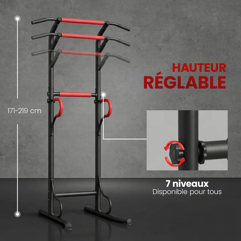 HOMCOM Station de musculation multifonctions barre de traction chaise romaine hauteur réglable acier noir rouge(m-5)