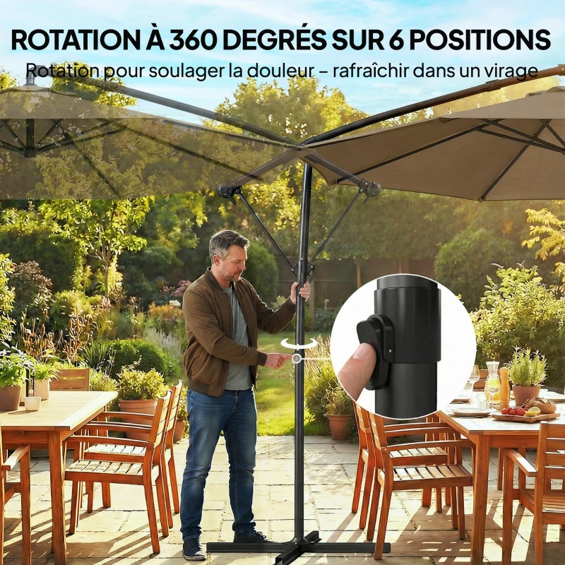 Outsunny Parasol déporté rond 3 m, parasol de jardin inclinable avec housse de protection, polyester protection UV UPF50+, kaki