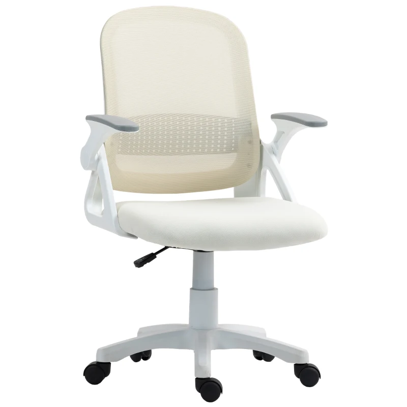 HOMCOM Silla giratoria de malla transpirable, silla ergonómica con reposabrazos abatibles y soporte lumbar, Blanco