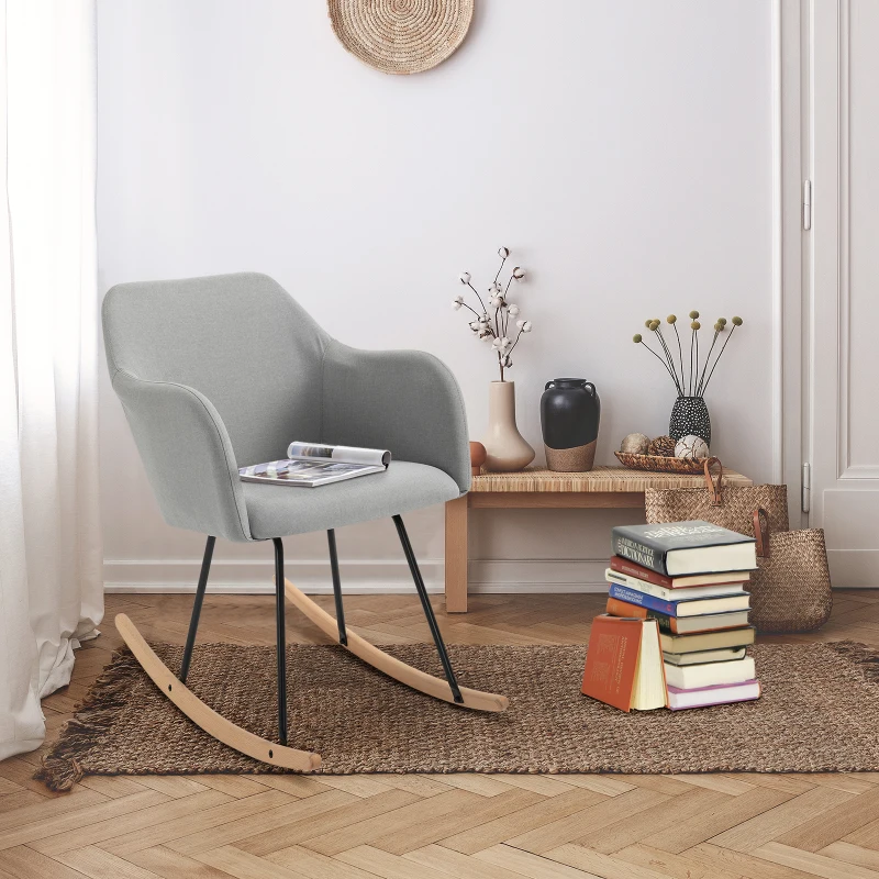 HOMCOM Fauteuil à Bascule Rocking Chair Grand Confort accoudoirs Assise Dossier garnissage Mousse Haute densité Lin Gris