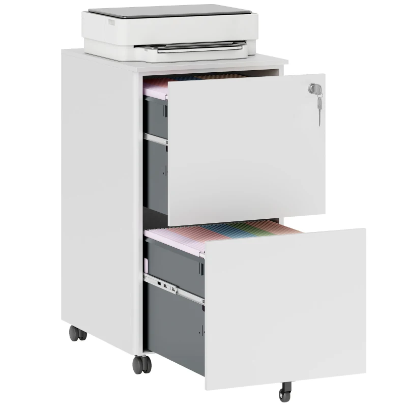 Vinsetto 2-Drawer Filing Cabinet with Lock and 5 Wheels, Steel Mobile File Cabinet, for A4, Legal and Letter Size, Pre-Assembled Body, White