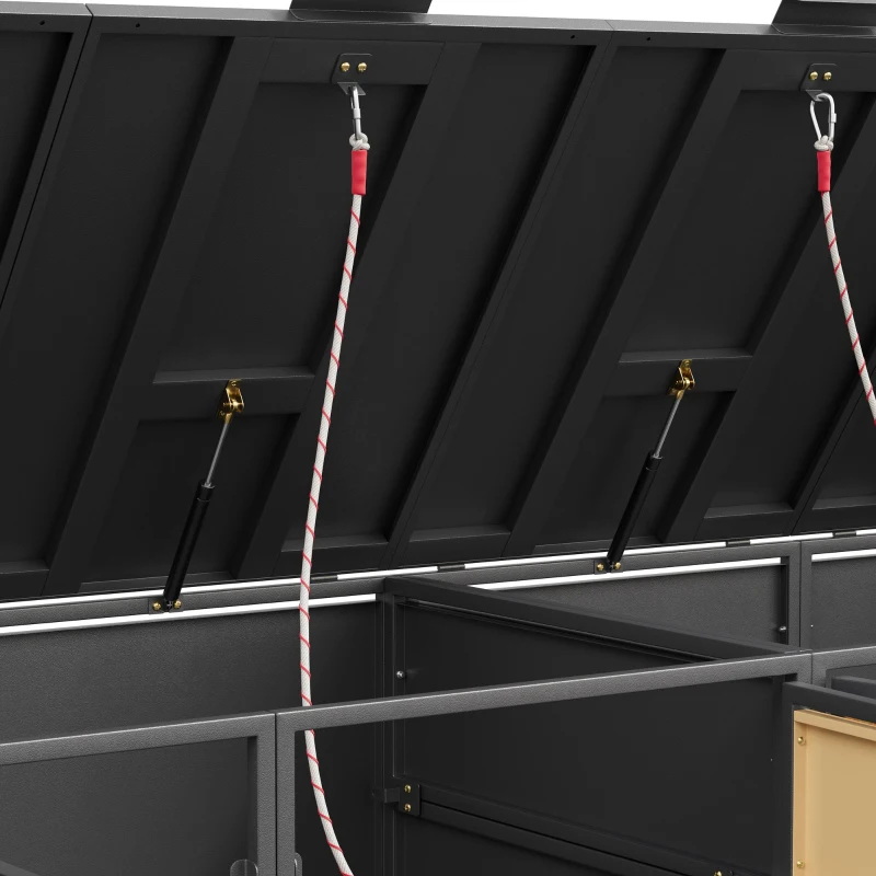 Mülltonnenbox mit Klappdeckeln und frontöffnenden Türen, für 4×120–240 l , 264x84.5x118 cm, Grau+Naturfarbe