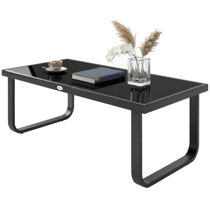 Outsunny Outdoor Garden Coffee Table, Rectangle Metal Side Table with Tempered Glass Tabletop, Adjustable Foot Pads