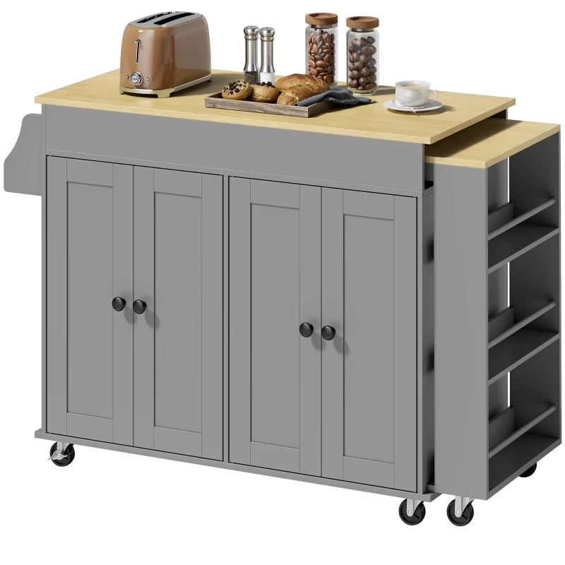 HOMCOM Isola cucina con ruote, piano estensibile, 4 ante e ripiani regolabili, Grigio