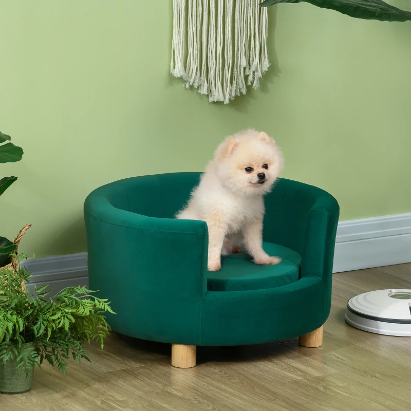 PawHut Canapé chien lit pour chien chat avec accoudoirs coussin moelleux pieds bois massif dim. 65 x 64 x 37 cm velours bleu canard