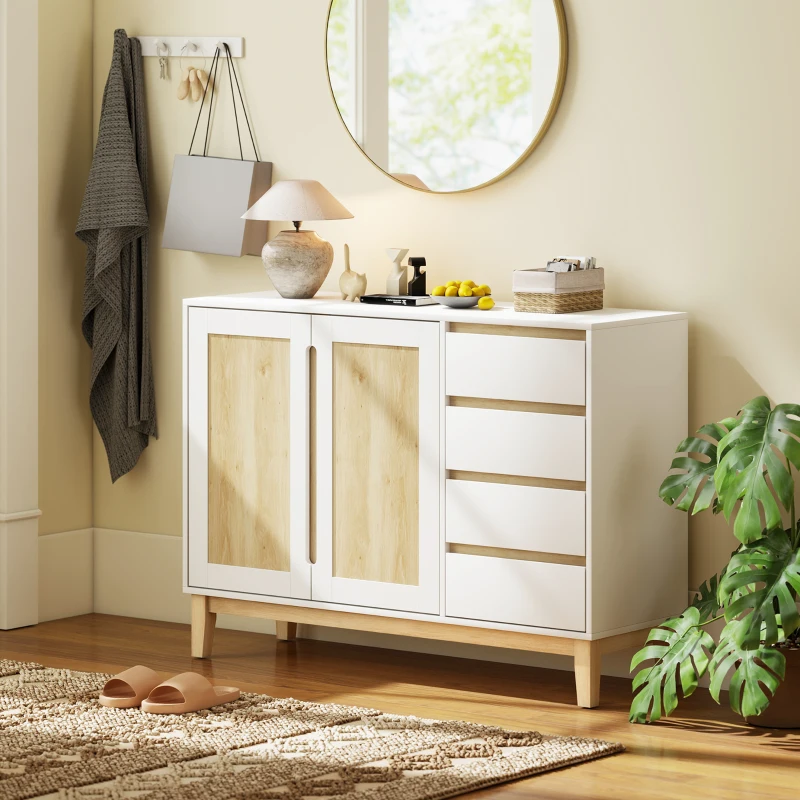 HOMCOM Bufet, mobilier de depozitare cu 2 uși și 4 sertare, raft reglabil, 120 x 40 x 86 cm, alb și stejar