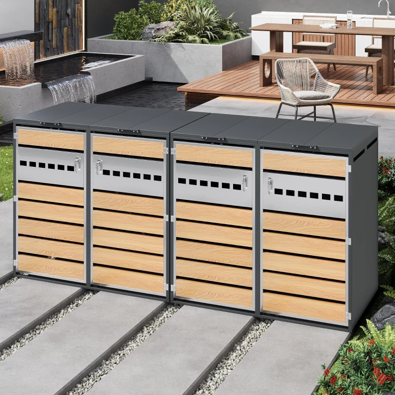 Mülltonnenbox mit hydraulischem Klappdeckel, 4 Fächern und separaten abschließbaren Türen, 264x80x118,5 cm, Grau+Naturfarbe