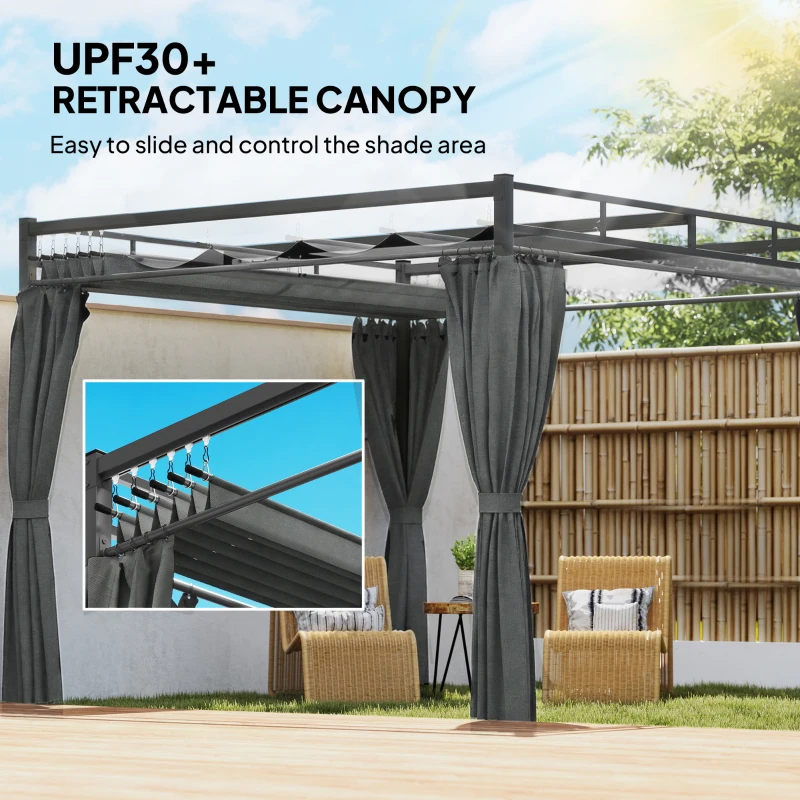 Outsunny 3 x 3 m Pergola with Retractable Roof Canopy and Curtains, UPF30+ Metal Frame Garden Pergola Gazebo Sun Shade, Dark Grey