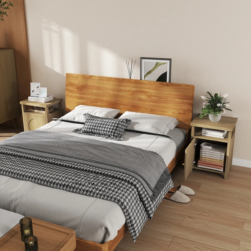 HOMCOM Set de 2 noptiere înguste masă auxiliară compartiment deschis dulap finisaj ratan, 40 x 35 x 55 cm maro
